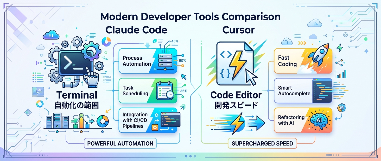 ターミナル全体を操作するClaude Codeと、エディタ内に特化したCursorの自動化範囲の違い