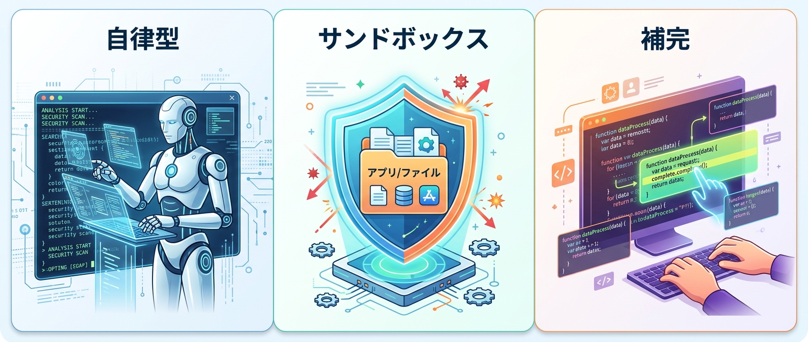 各ツールのコアとなる強み:自律性・堅牢性・爆速補完