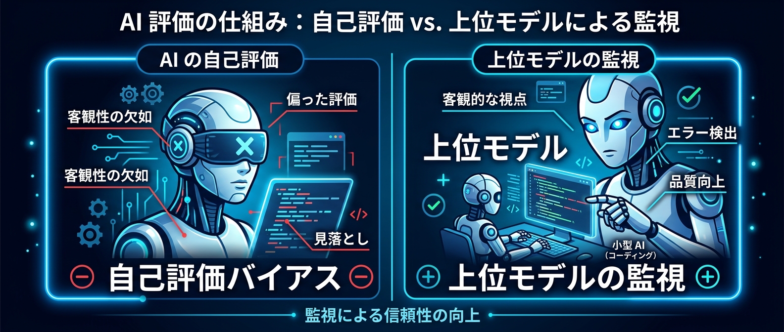 単一モデルの自己評価バイアスと上位モデルによる監視