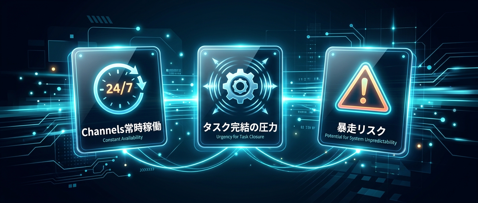Channelsによる常時稼働とタスク完結の圧力が生む暴走リスク