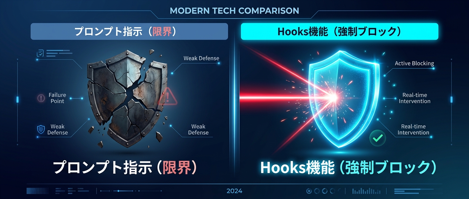 プロンプトによる指示の限界とHooks機能によるシステム的な強制ブロックの比較