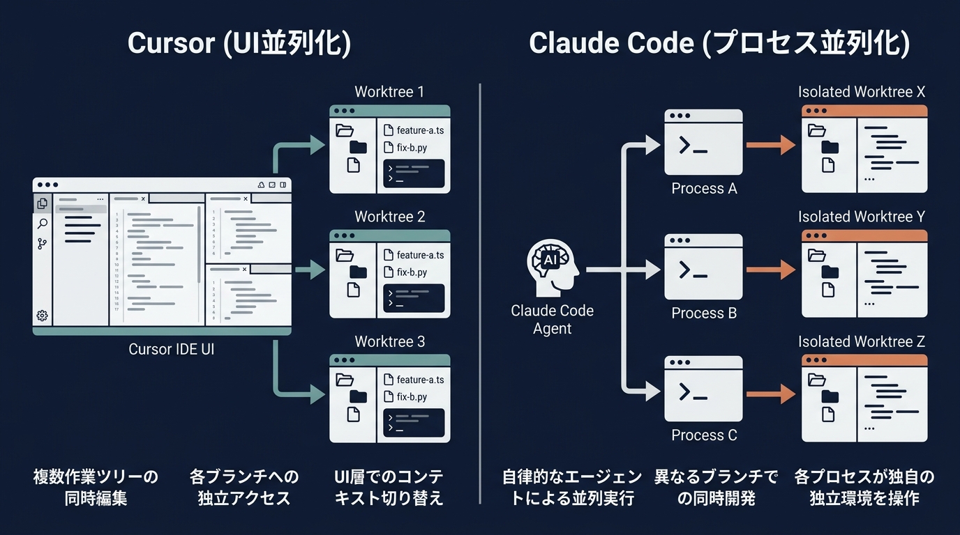 UI並列化（Cursor）とプロセス並列化（Claude Code）の比較