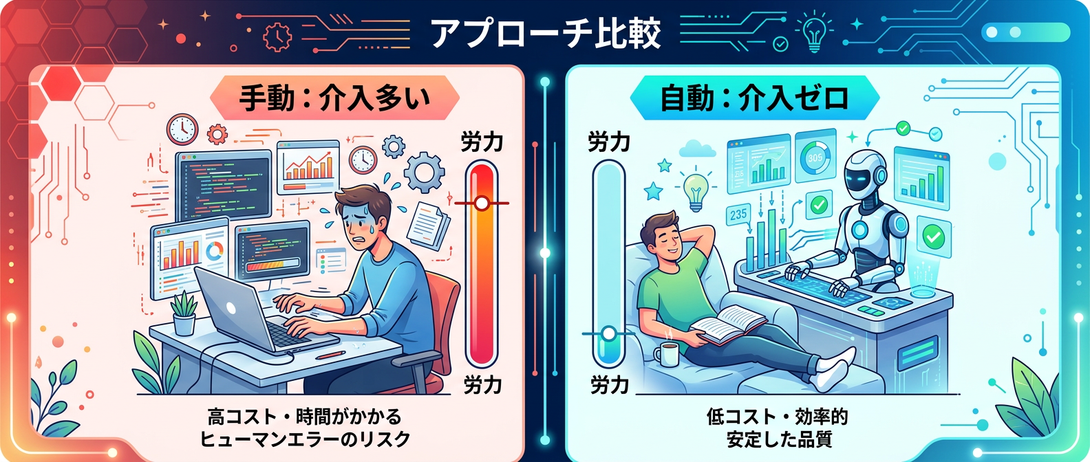 手動実行と完全自動化のアプローチ比較