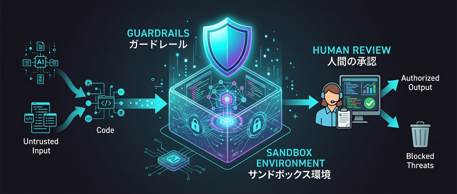 AIの暴走を防ぐガードレールと安全なサンドボックス環境の概念図