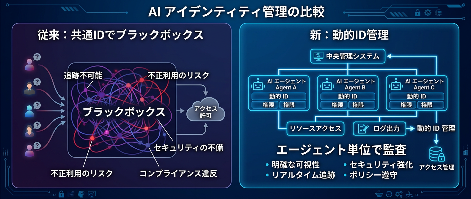 従来の共通ID管理と動的ID管理の比較