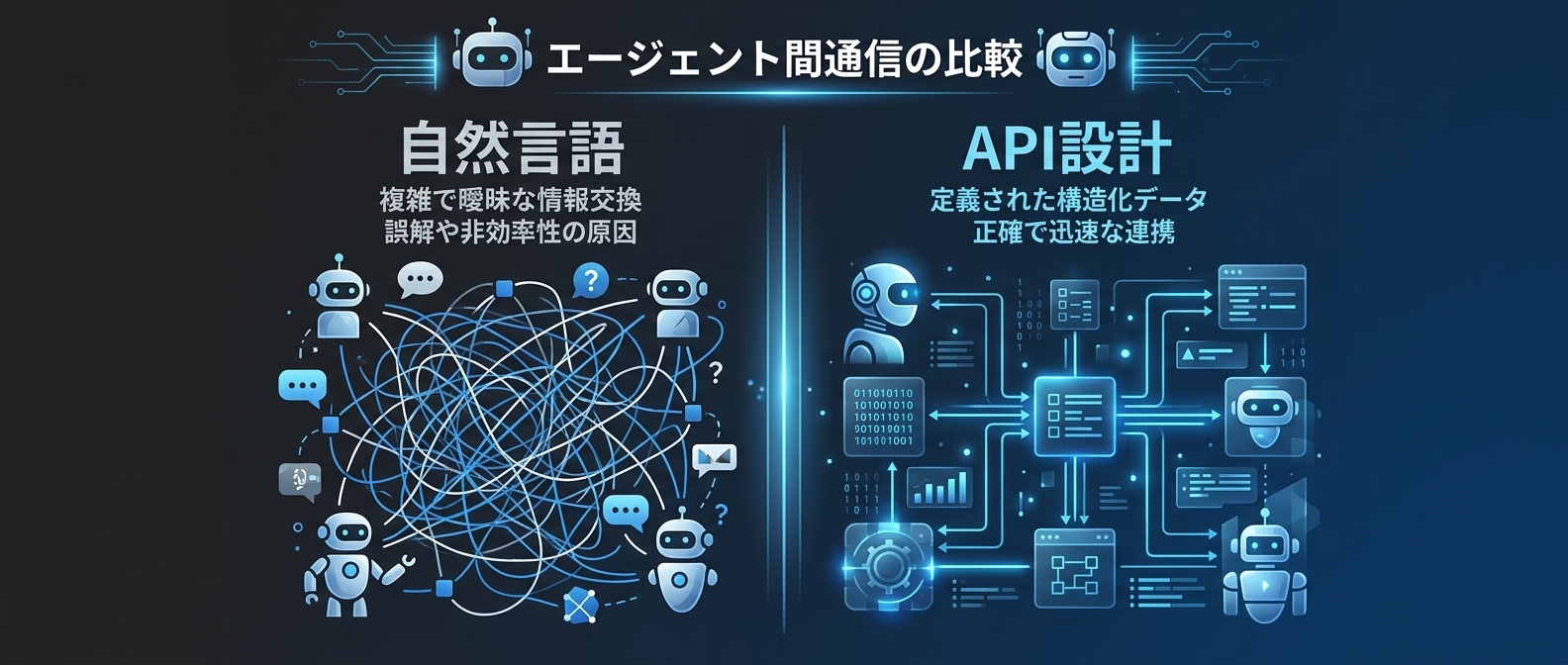 マルチエージェント環境では、自然言語の曖昧さがシステム崩壊を招くため、API設計のような厳密な通信が求められる