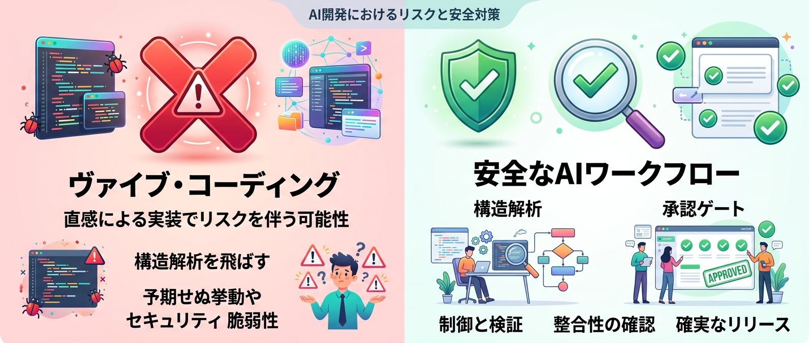Vibe Codingの危険性と、構造解析・承認ゲートを用いた防御的ワークフローの比較