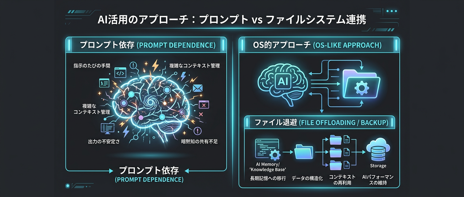 すべてをプロンプトに詰め込む従来型と、中間生成物をファイルに退避させる「OS的アプローチ」の比較
