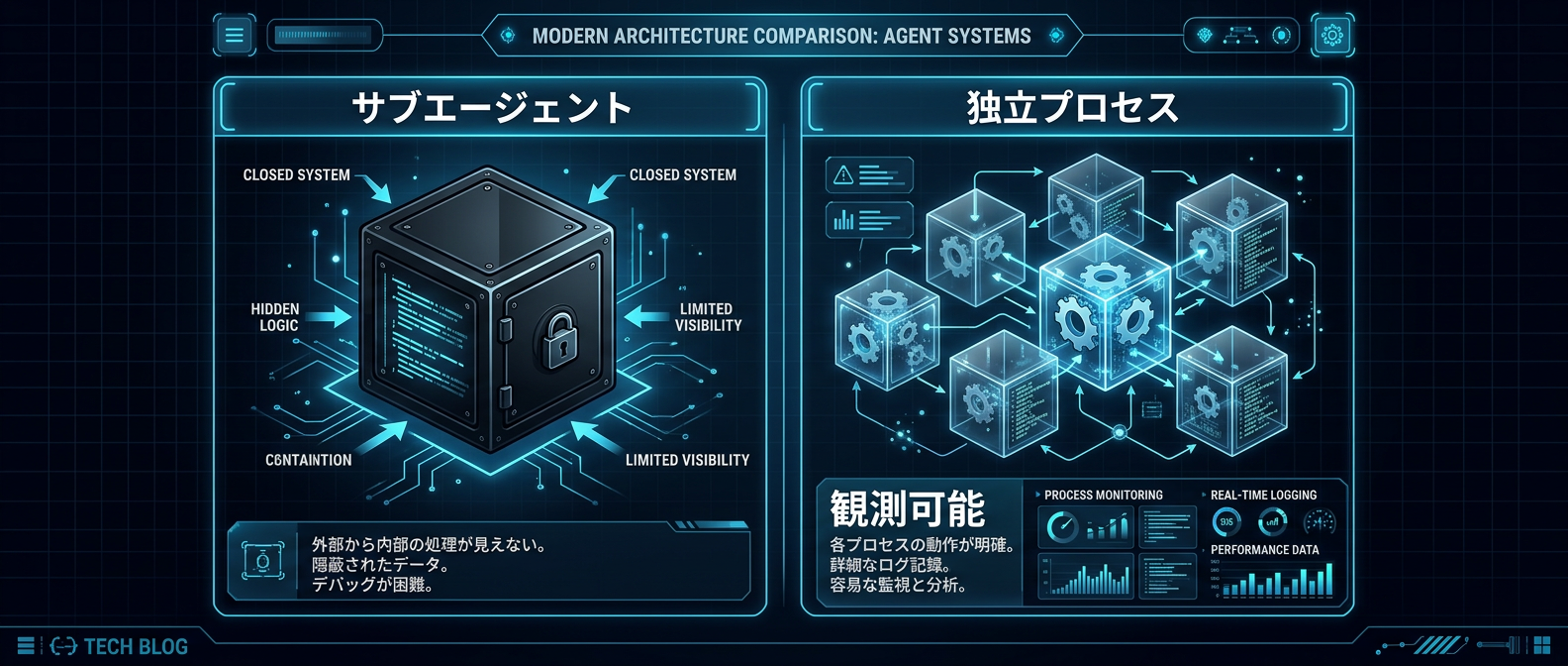 親プロセス内でブラックボックス化するサブエージェントと、外部から観測・制御可能な独立プロセスの違い