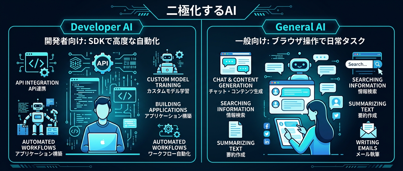 開発者向けと一般向けで二極化が進むAIのアプローチ