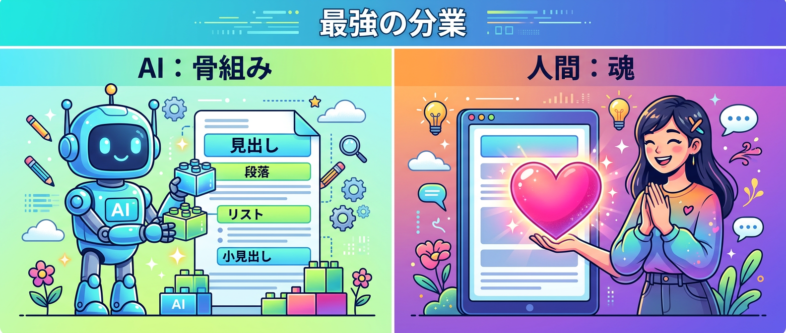 AIが定型作業（骨組み）を担い、人間が固有の価値（魂）を吹き込む最強の分業体制