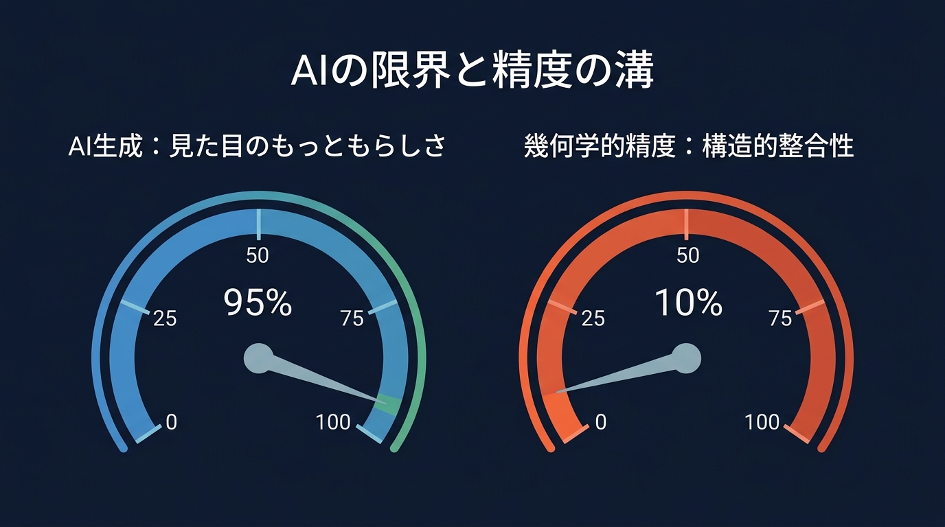 AIが生成する「それっぽさ」と、厳密な幾何学的精度との間に存在する埋まらないギャップ。