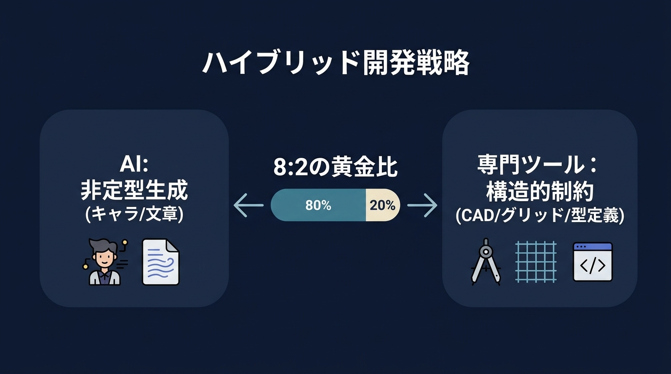 AIの非定型生成と専門ツールの制約処理を組み合わせたハイブリッド・パイプライン。
