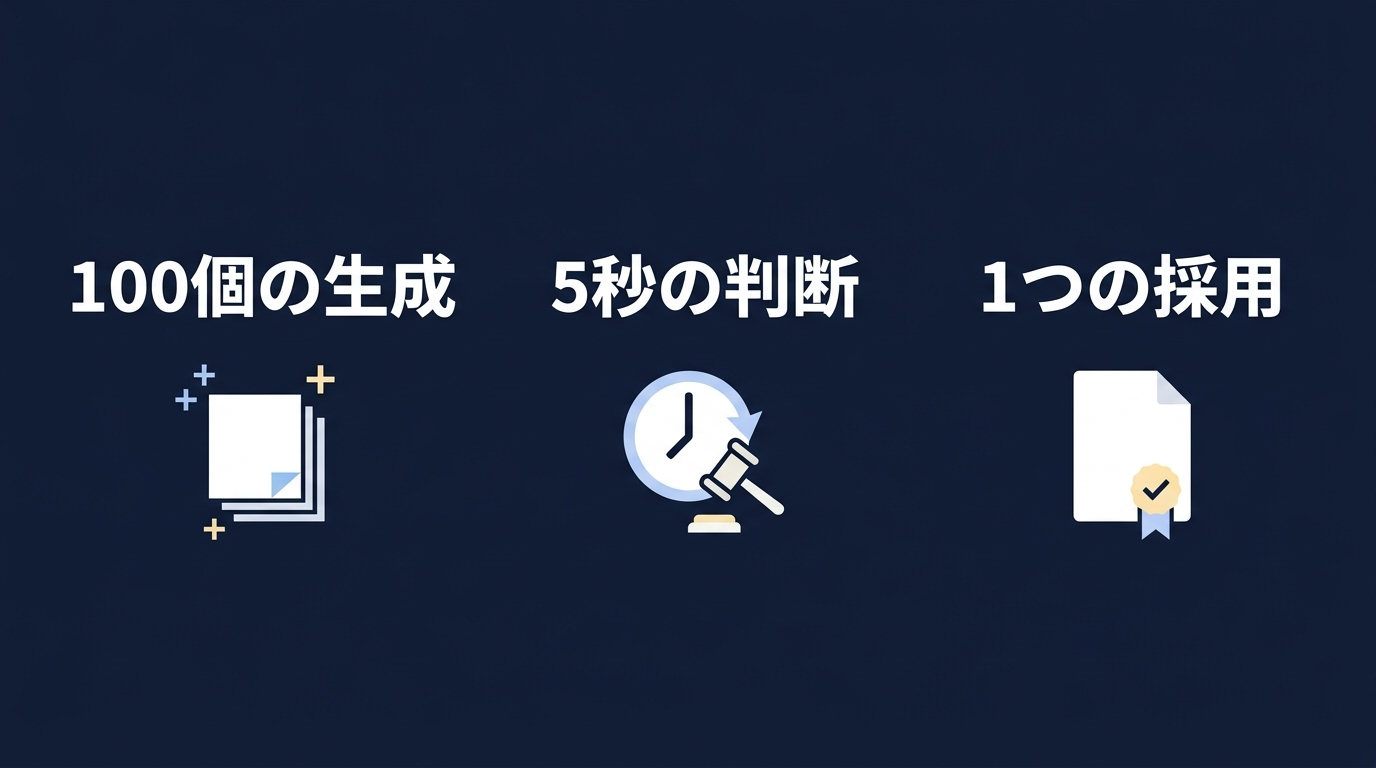 生成と選別の比率:100個の生成に対し、人間は1つの正解を選ぶ。