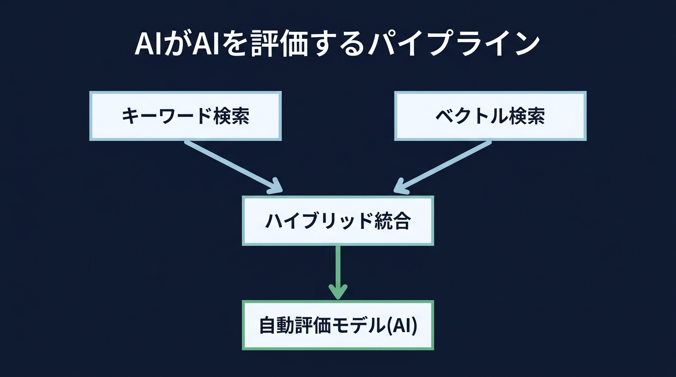 ハイブリッド検索と自動評価のパイプライン