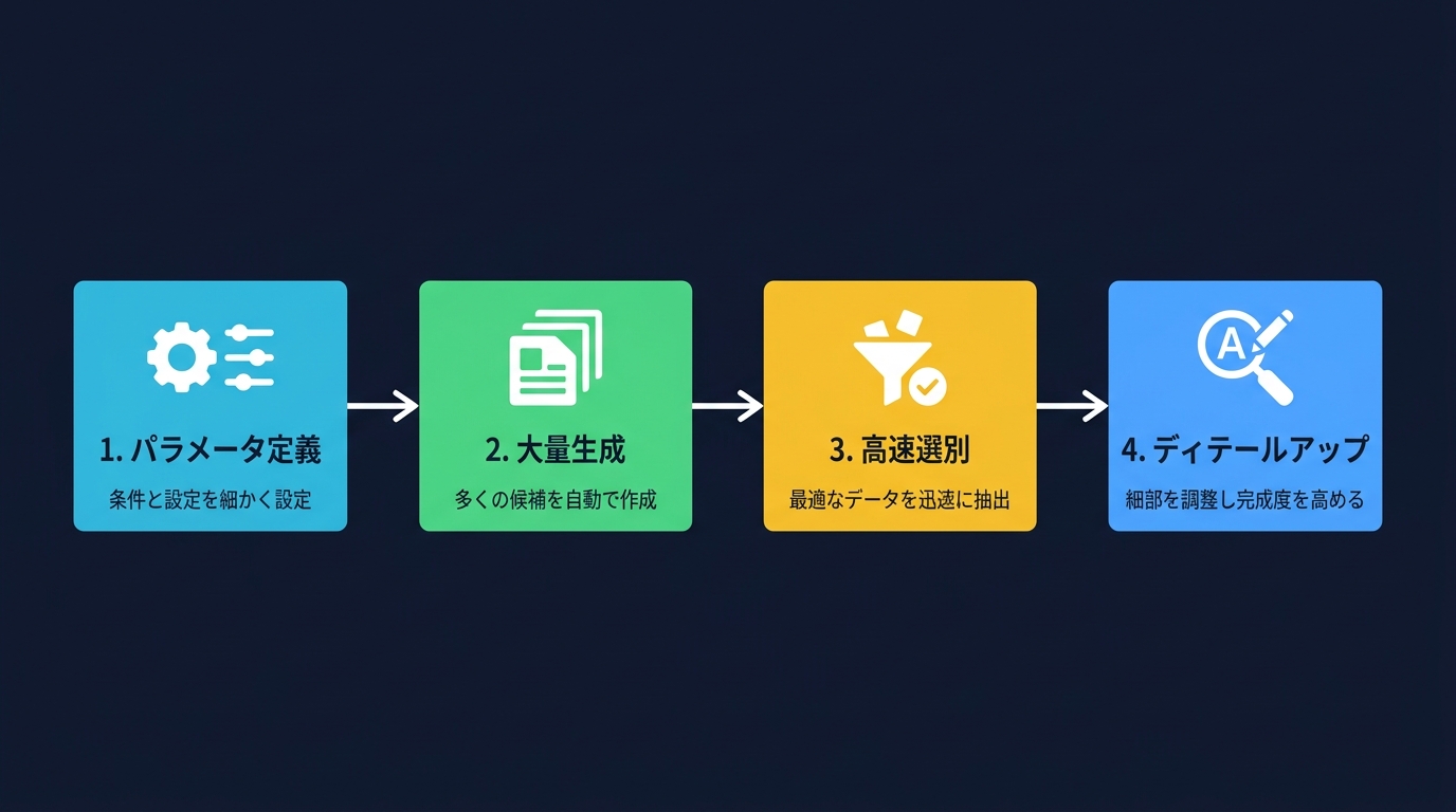 開発者の評価パイプライン:生成・選別・修正のサイクル。