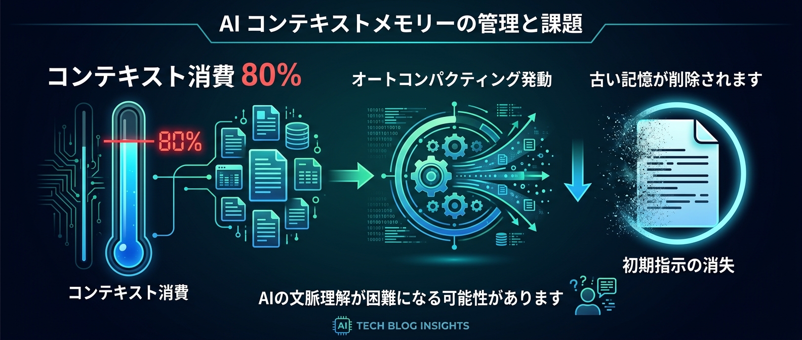 コンテキスト消費率が80%を超えると発動する「オートコンパクティング」と記憶喪失のメカニズム