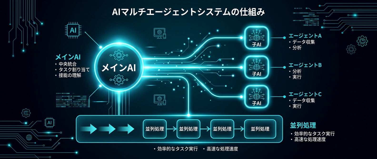 1つのメインAIが複数の子AIを指揮し、独立した環境でタスクを並列処理するアーキテクチャ