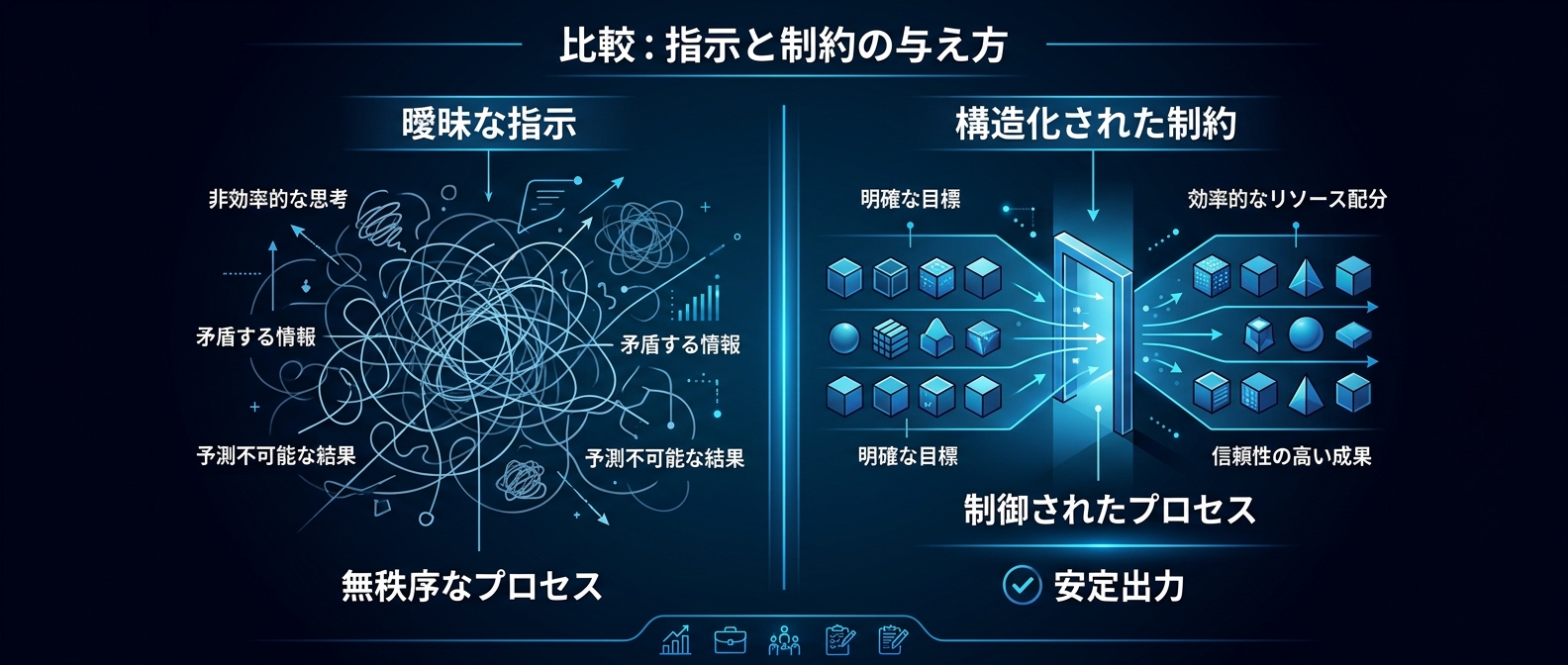曖昧なプロンプトによる不安定な出力と、構造化された制約による安定した出力の比較