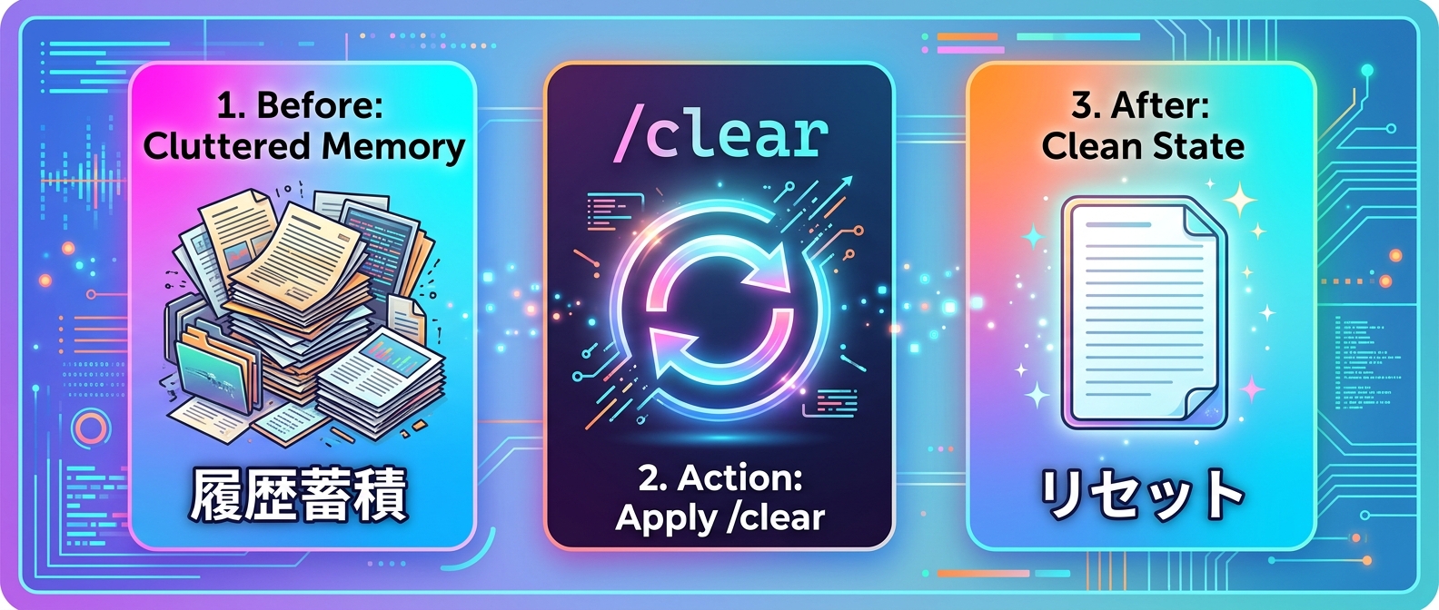 不要な履歴は「/clear」でこまめにリセットし、ノイズのないコンテキストを保つ。