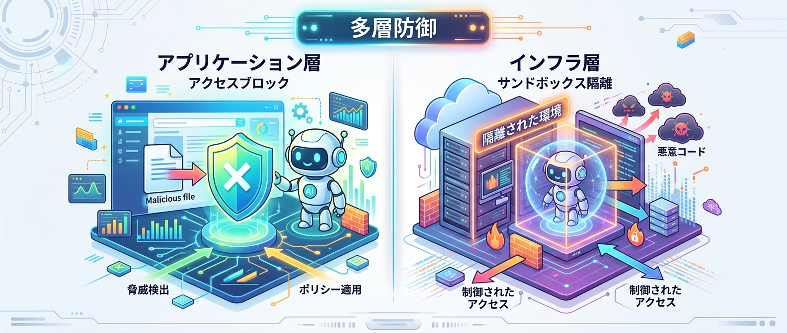 アプリ層とインフラ層を組み合わせた多層防御のイメージ