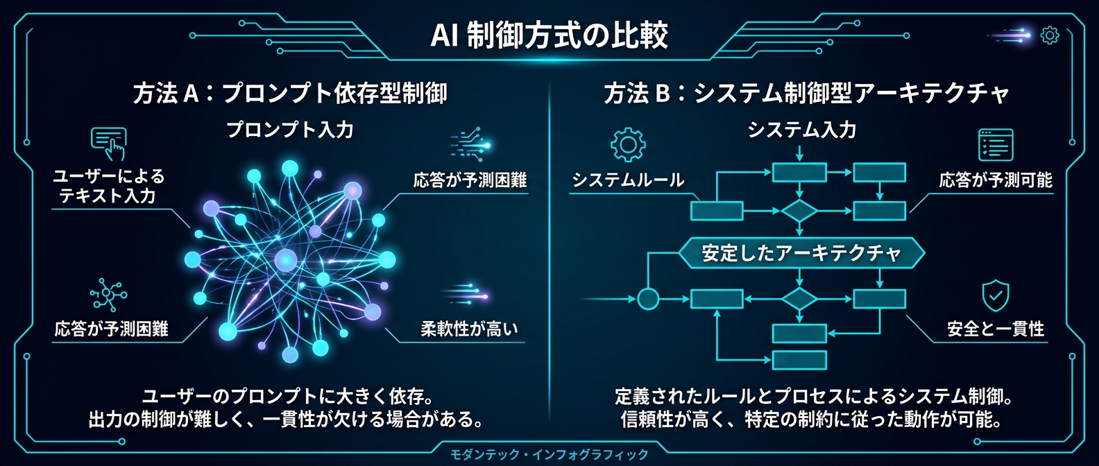 プロンプト依存とシステム制御の比較
