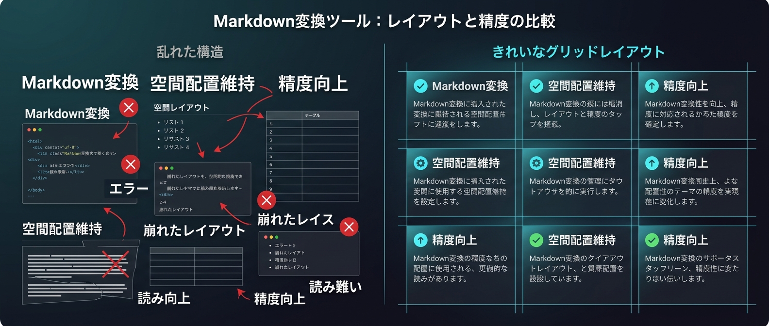 従来のMarkdown変換と空間配置維持アプローチの比較