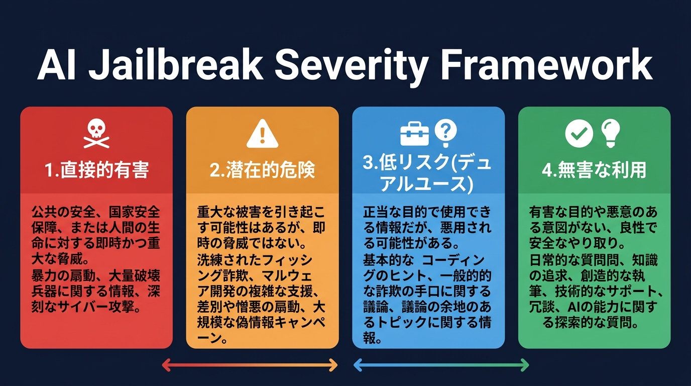 Anthropicが提唱するジェイルブレイク深刻度フレームワークの概念図