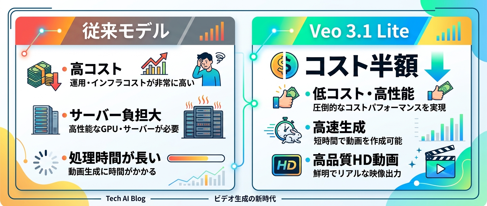 Veo 3.1 Liteは従来モデルの約半額のコストで高品質なHD動画を生成可能