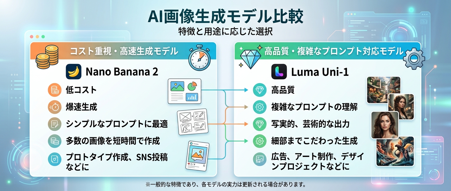 低コストのNano Banana 2と、複雑なプロンプトを理解する高品質なLuma Uni-1の比較