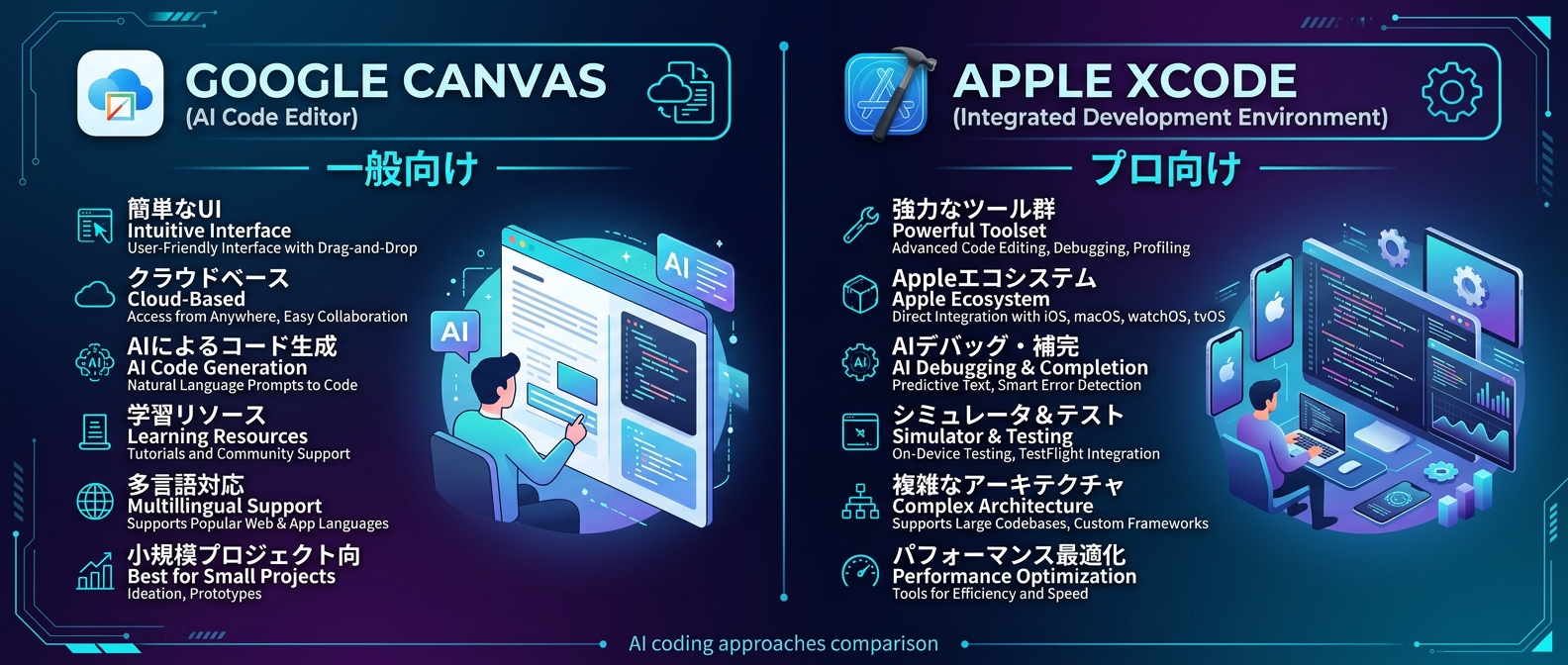一般向けのGoogle Canvasとプロ向けのApple XcodeによるAIコーディングの両極化