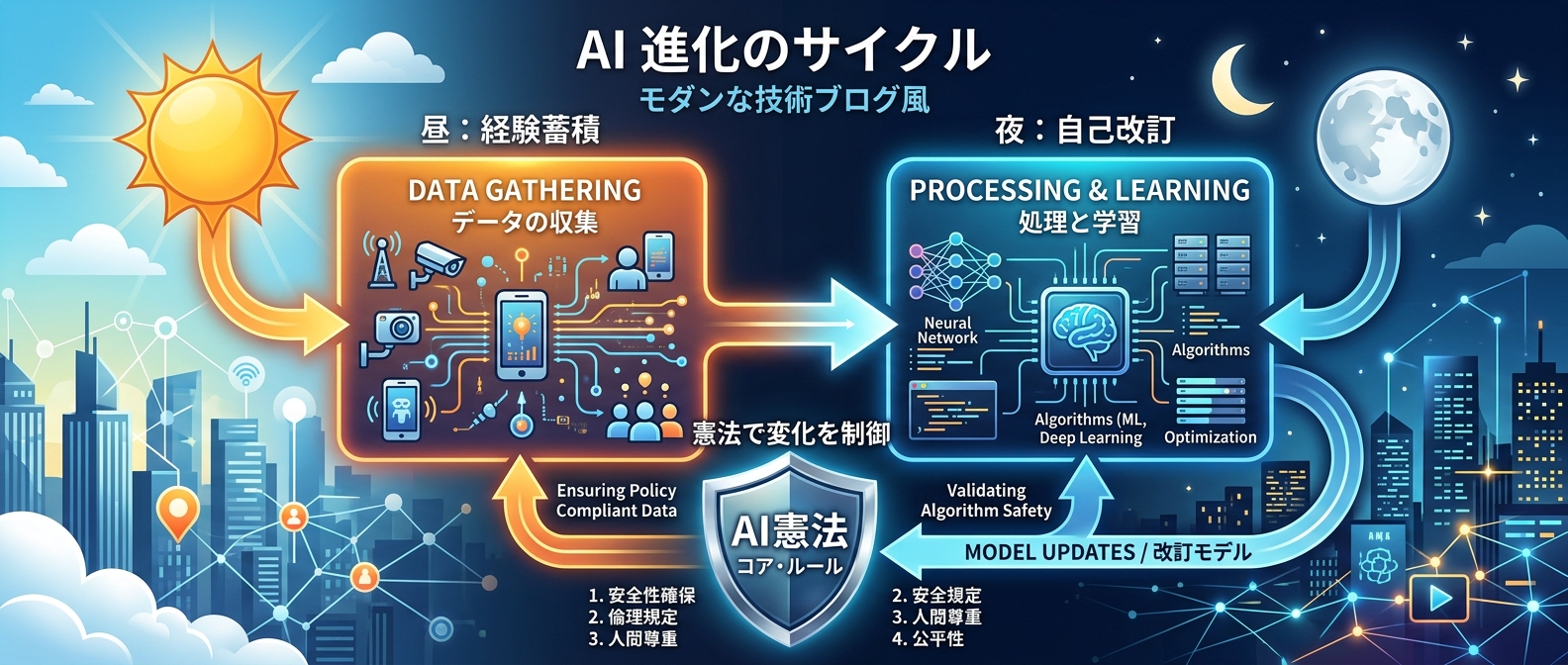 昼間の経験を夜間に処理するAIの自己改訂サイクル