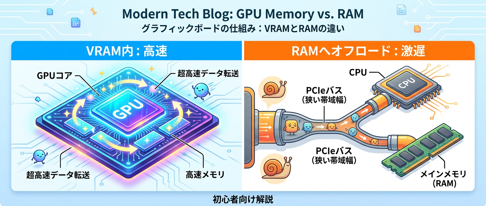 VRAM超過によるPCIeバスのボトルネックを図解
