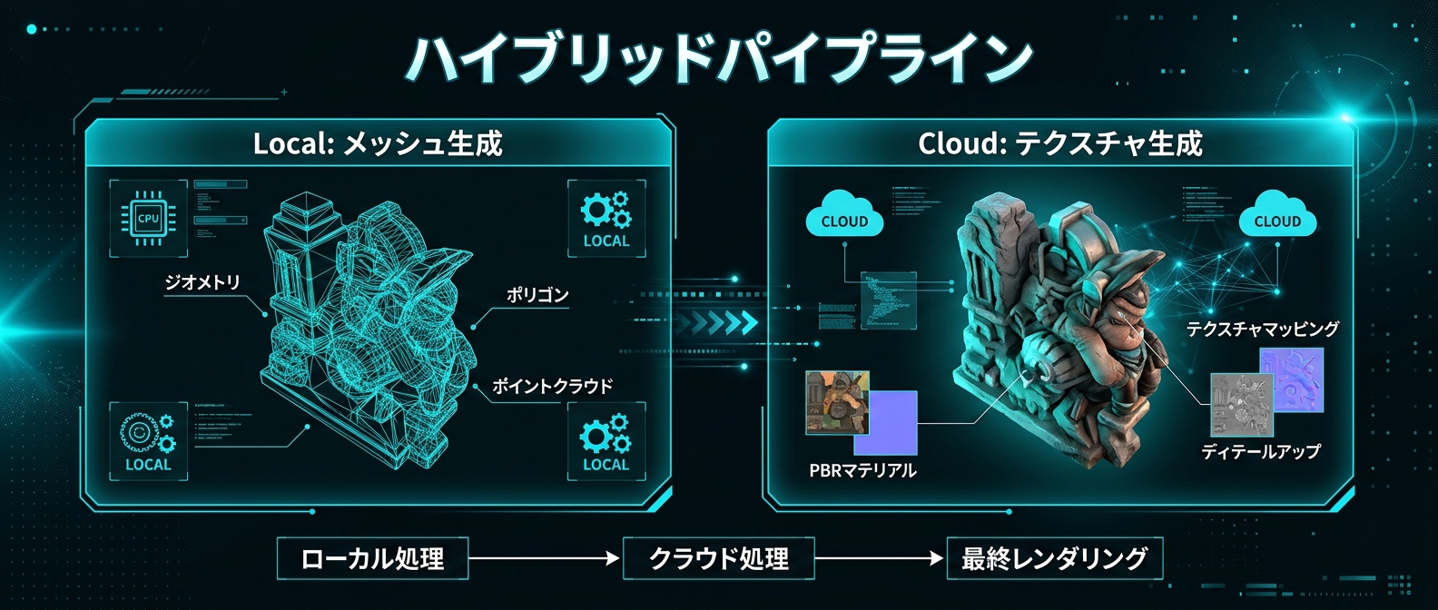 ローカルとクラウドを組み合わせたハイブリッドな3D生成パイプライン