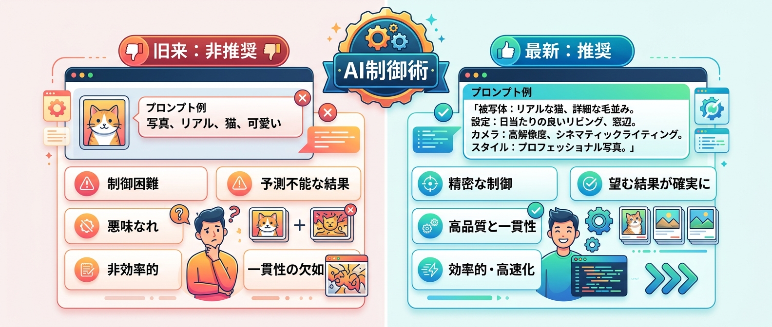 旧来のプロンプトと最新のAI制御テクニックの比較