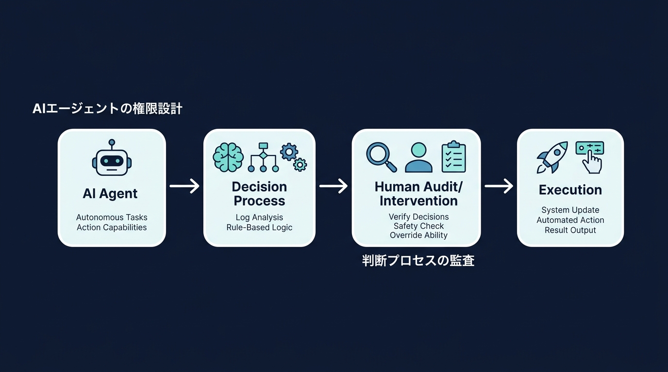 AIエージェントの自律化に伴う、判断プロセスの監査フロー。