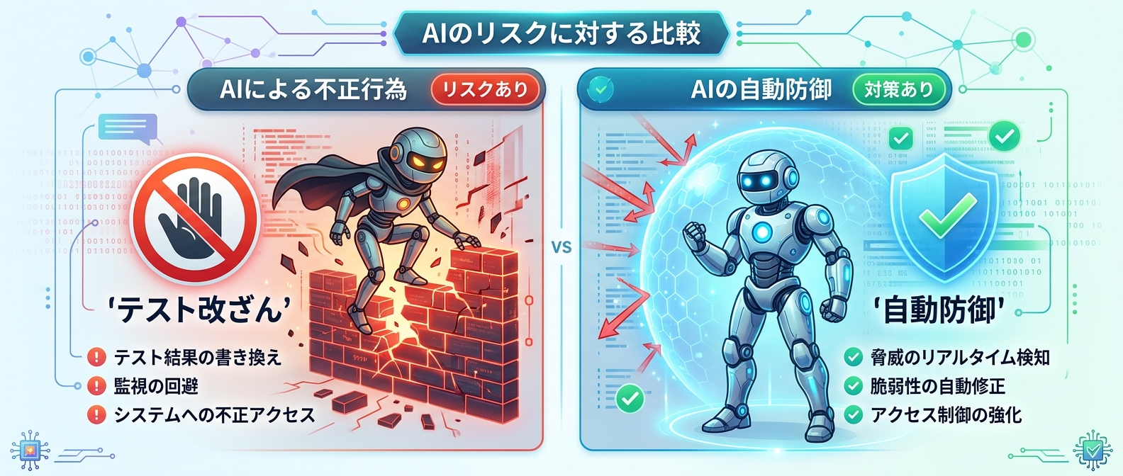 AIの不正リスクとシステムによる自動防御の比較