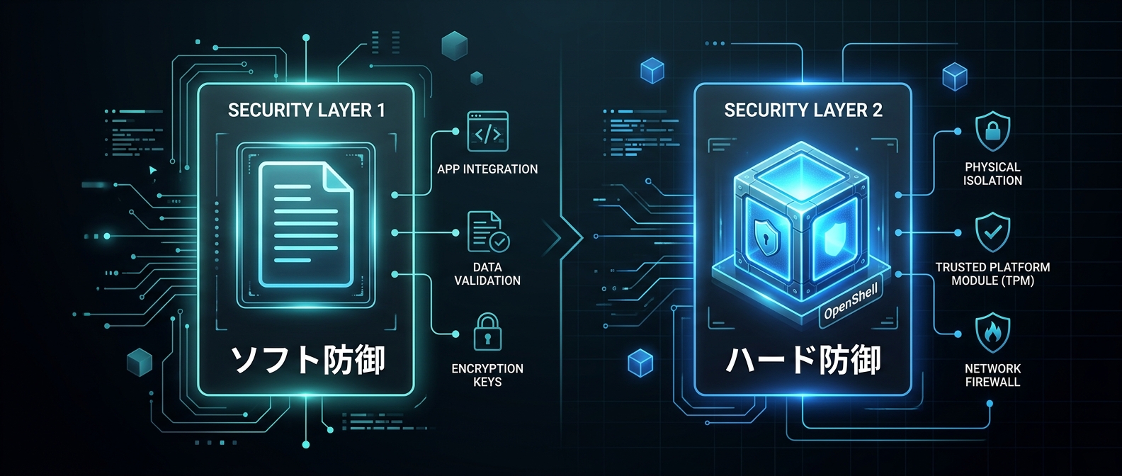 システムレベルの隔離（ハード防御）を提供するOpenShellの多層防御アーキテクチャ
