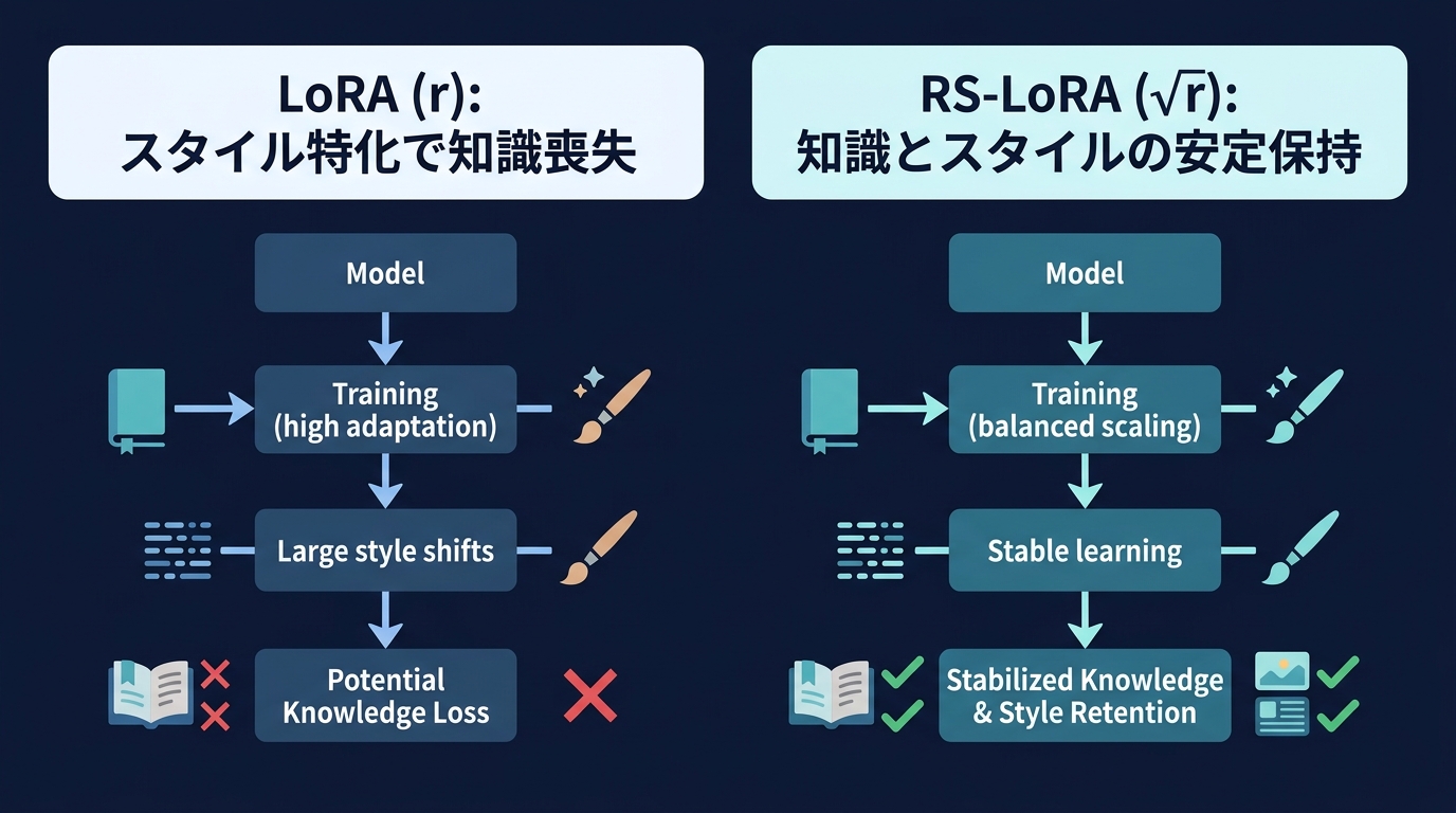 学習手法による重み空間の制御イメージ。