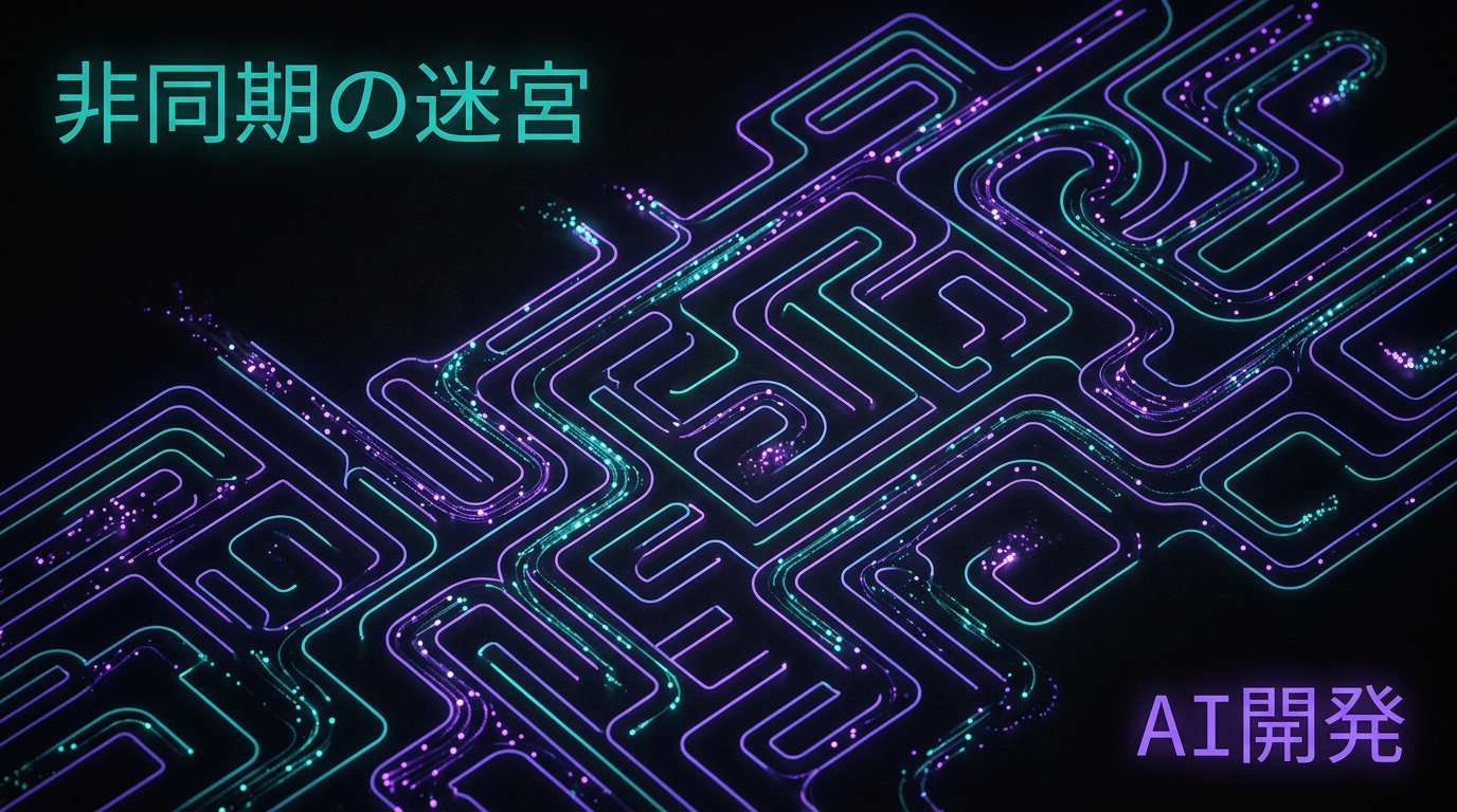 非同期処理の迷宮とAI開発の死にゲー感を表現した抽象グラフィック