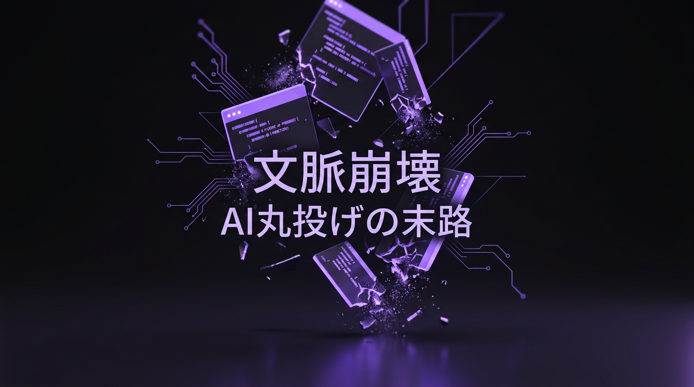 AIに丸投げした結果、文脈を見失い崩壊していくシステムのイメージ