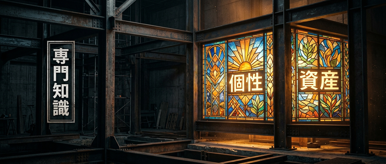 無機質な鉄骨(専門知識)に、ステンドグラス(個性)がはめ込まれた時、それは人を惹きつける資産へと変わる。