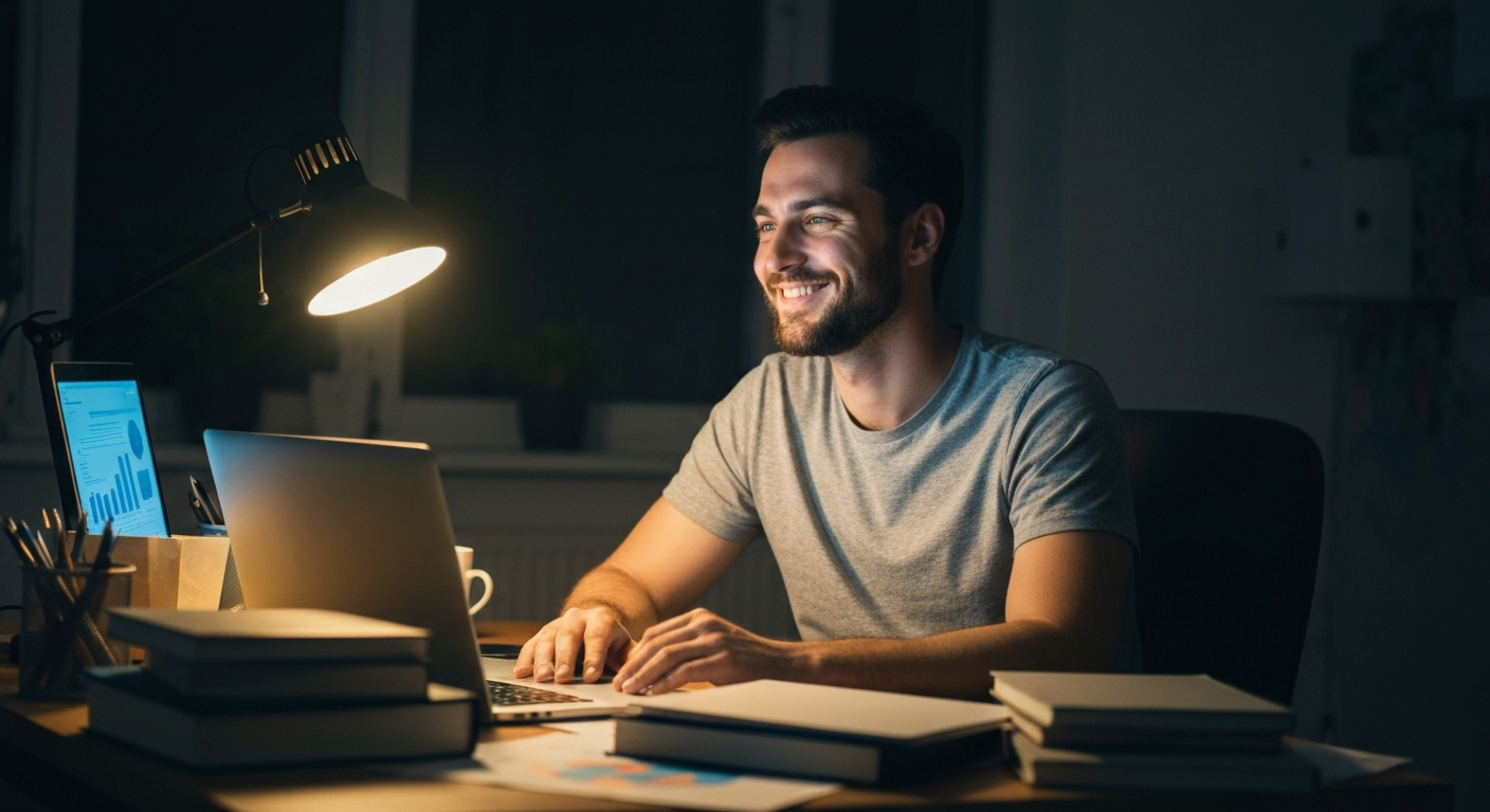 深夜のデスクで事務作業に忙殺され、疲弊するソロプレナー。