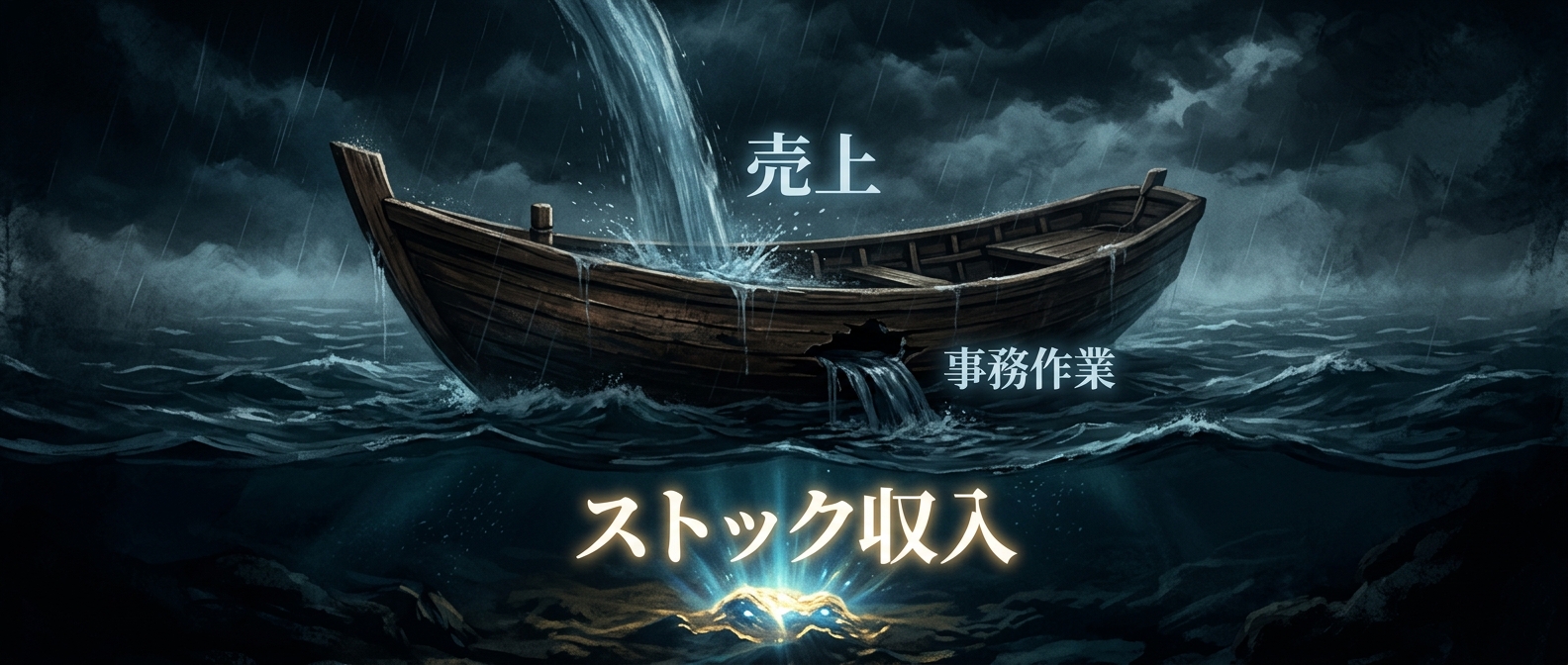 売上という水を汲み入れても、事務作業という穴から漏れ出していく「船の底の穴」のメタファー。