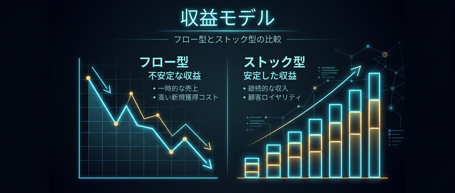 労働集約的なフロー型と、資産として積み上がるストック型の収益モデルの比較。