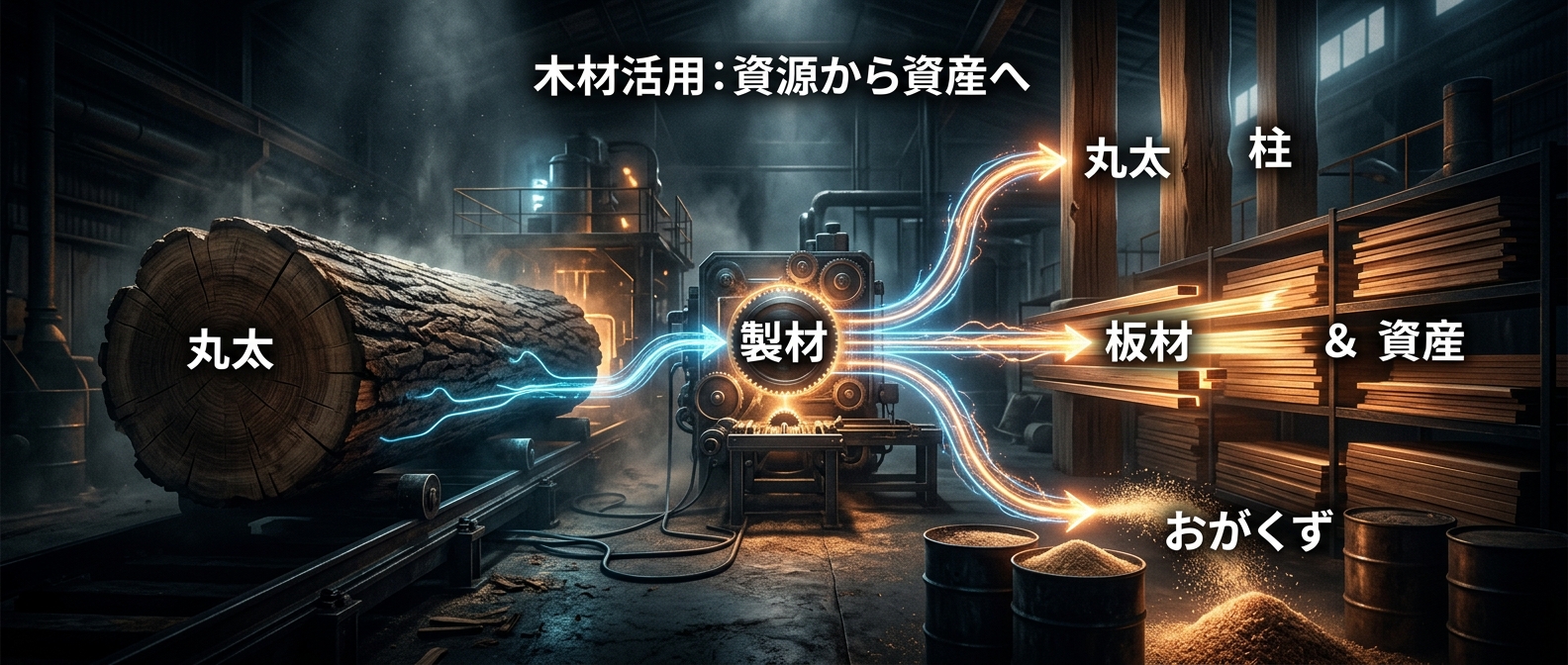 放置された「丸太」を無駄なく切り分ける製材所の仕組み。