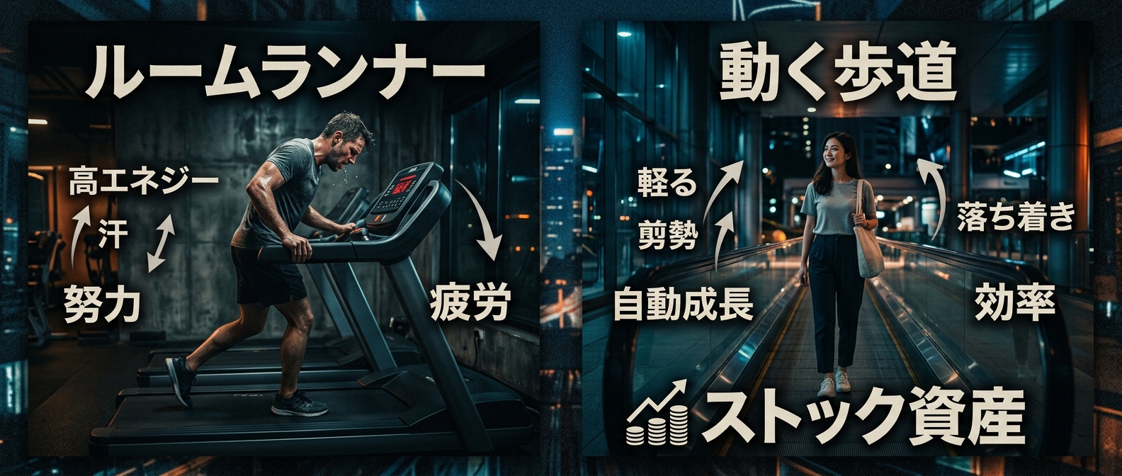 走り続けないと進まない「ルームランナー」と、一度乗れば自動で進む「動く歩道」。