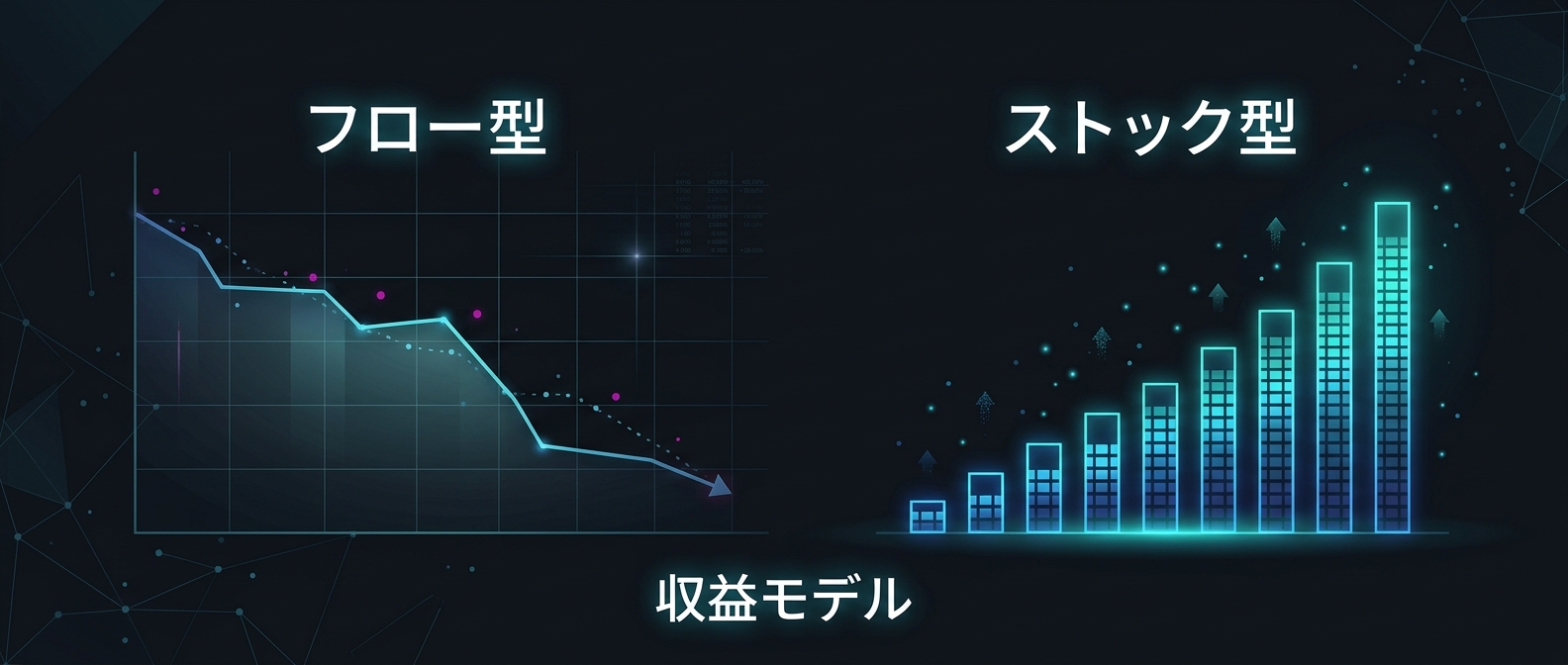 労働集約型のフロー収益と、積み上がるストック収益の違い。