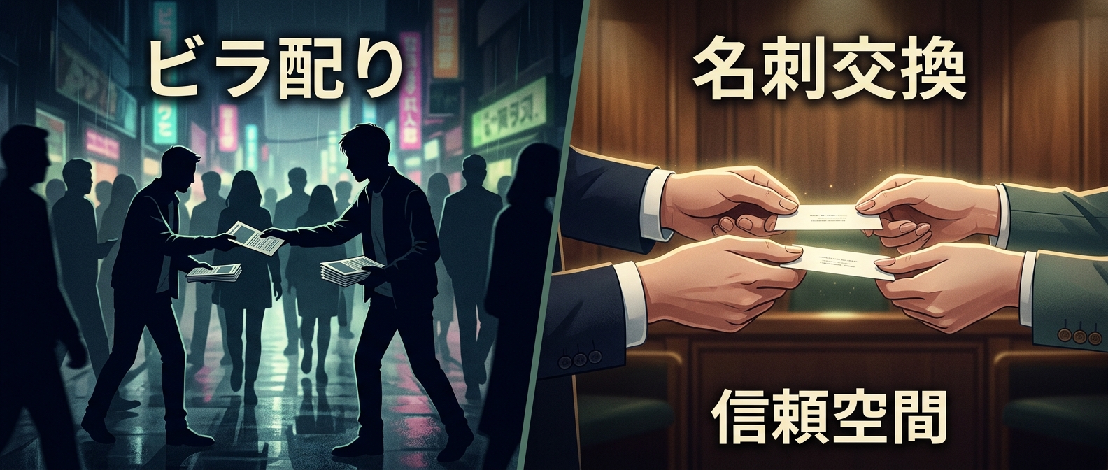 「駅前でのビラ配り」から「会員制サロンでの名刺交換」への転換。