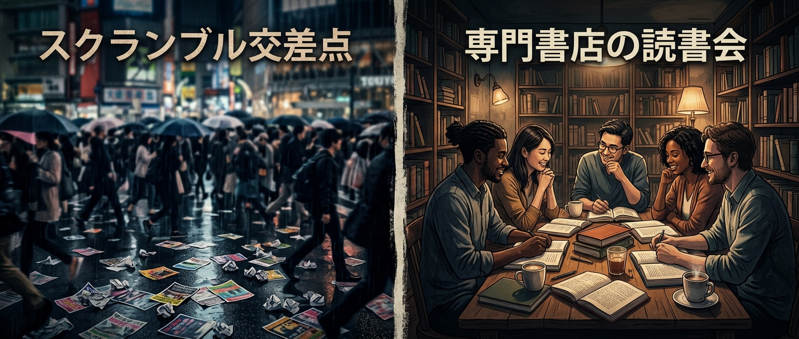 誰の目にも留まらない大群衆の交差点か、全員が耳を傾ける小さな読書会か。